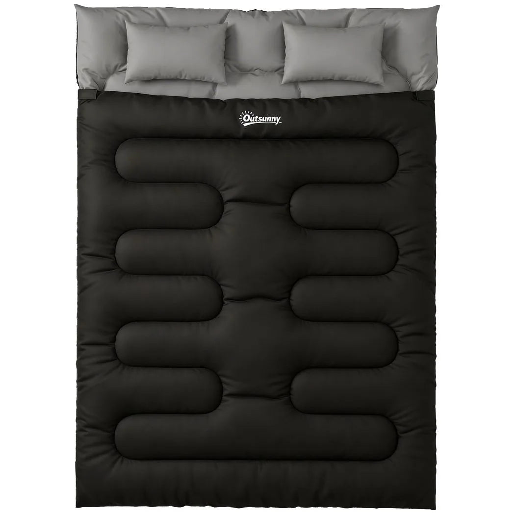 Outsunny Double Sleeping Bag with 2 Pillows, 220 x 160 cm Extra-Large Sleeping Bag for Adults, Black