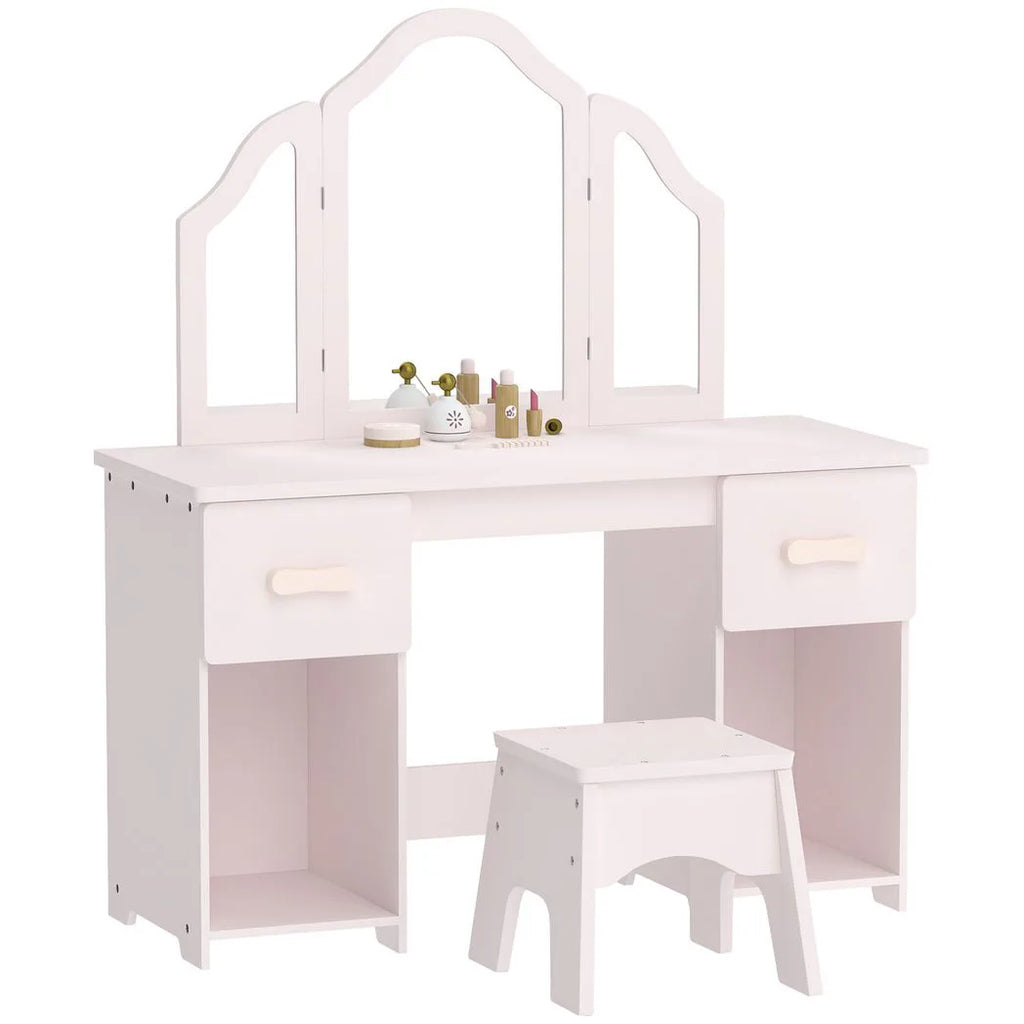 AIYAPLAY Kids Dressing Table, Kids Vanity Table and Chair Set with Tri-Folding Mirror, 2 Drawers, 2 Cabinets for Girls 3, Pink
