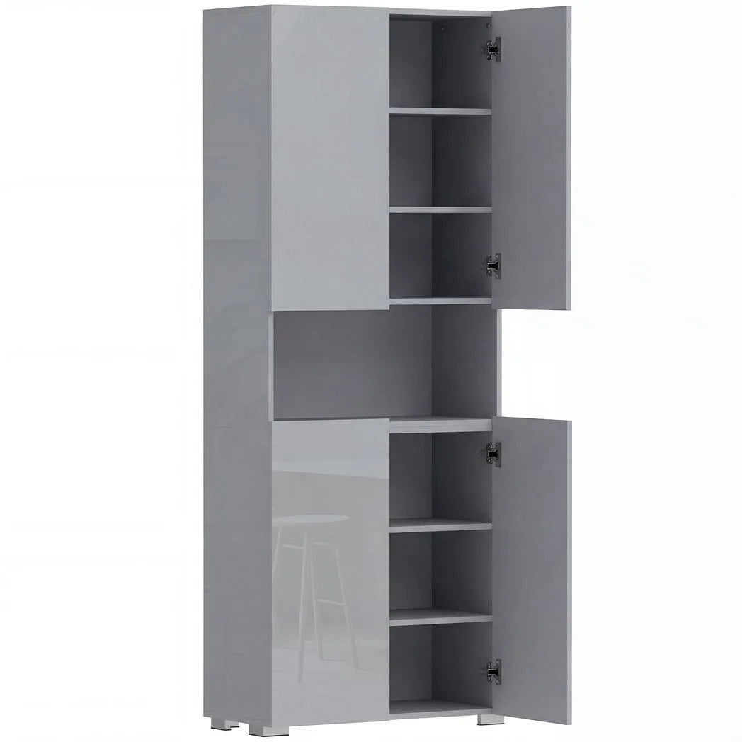 180 cm Tall Kitchen Cupboard, Pantry Storage Cabinet with Soft Close Doors and Adjustable Shelves, High Gloss Grey