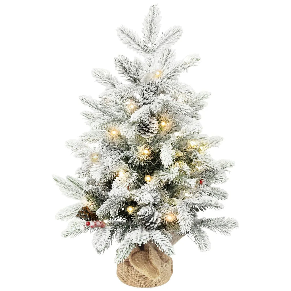 60 cm Prelit Small Christmas Tree with 35 LED Lights, Snow Flocked Tabletop Mini Xmas Tree with Pine Cones, Berry Clusters and Linen Cover Base, Battery Operated, Green