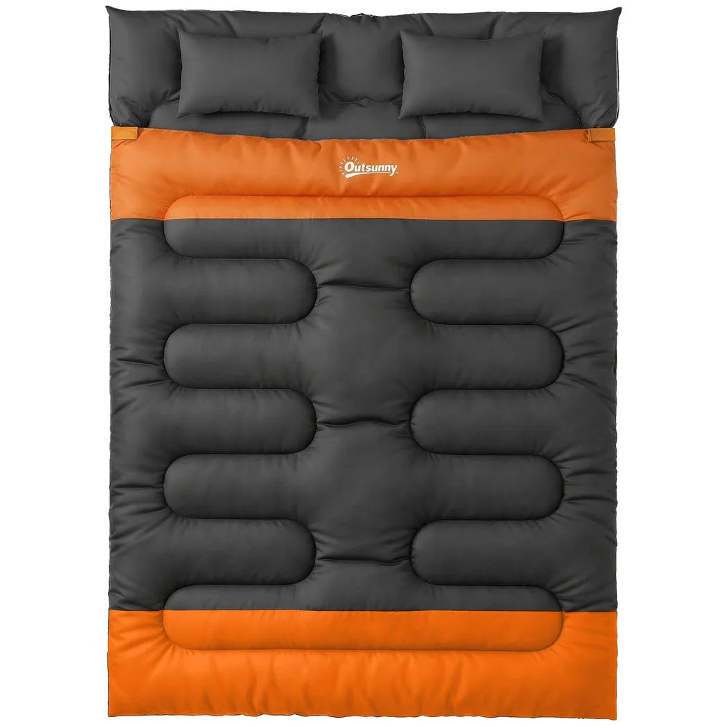 Outsunny Double Sleeping Bag with 2 Pillows, 220 x 160 cm Extra-Large Sleeping Bag for Adults, Grey and Orange