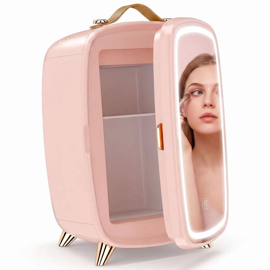 Skincare Refrigerator, 6L Mini Cosmetic Fridge with LED Mirror, Cooling Function for Bedroom, Skincare, Office, Pink