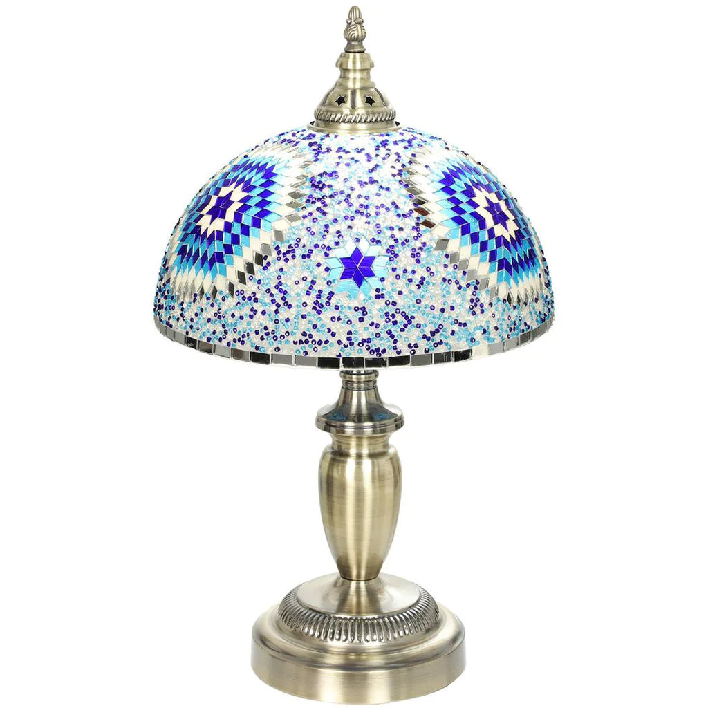 30cm Tiffany Lamp, Stained Glass Bedside Table Lamp with Button Switch and Metal Base, Blue