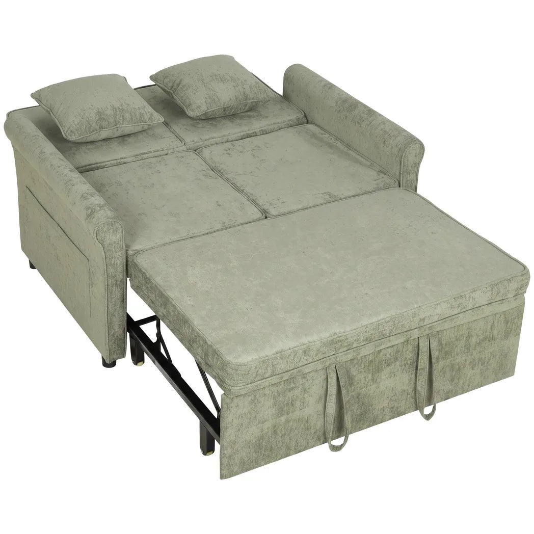 2 Seater Sofa Bed 3-in-1 Convertible Chenille Pull Out Sleeper Sofa with 5-Position Adjustable Backrest, Light Green