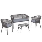 Outsunny 4 Piece Garden Furniture Set, Rope Garden Sofa Set with 1 Loveseat 2 Chairs Tempered Glass Table Cushions, Dark Grey
