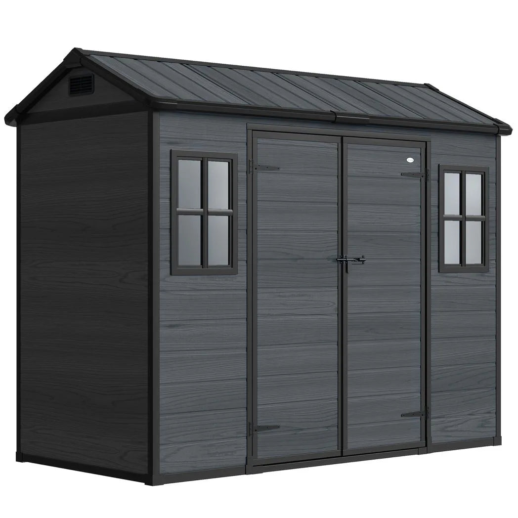 Outsunny 8 x 4 ft Resin Garden Shed, Wood-Effect Outdoor Storage Shed with Floor, Windows, Lockable Doors and Vents, Dark Grey