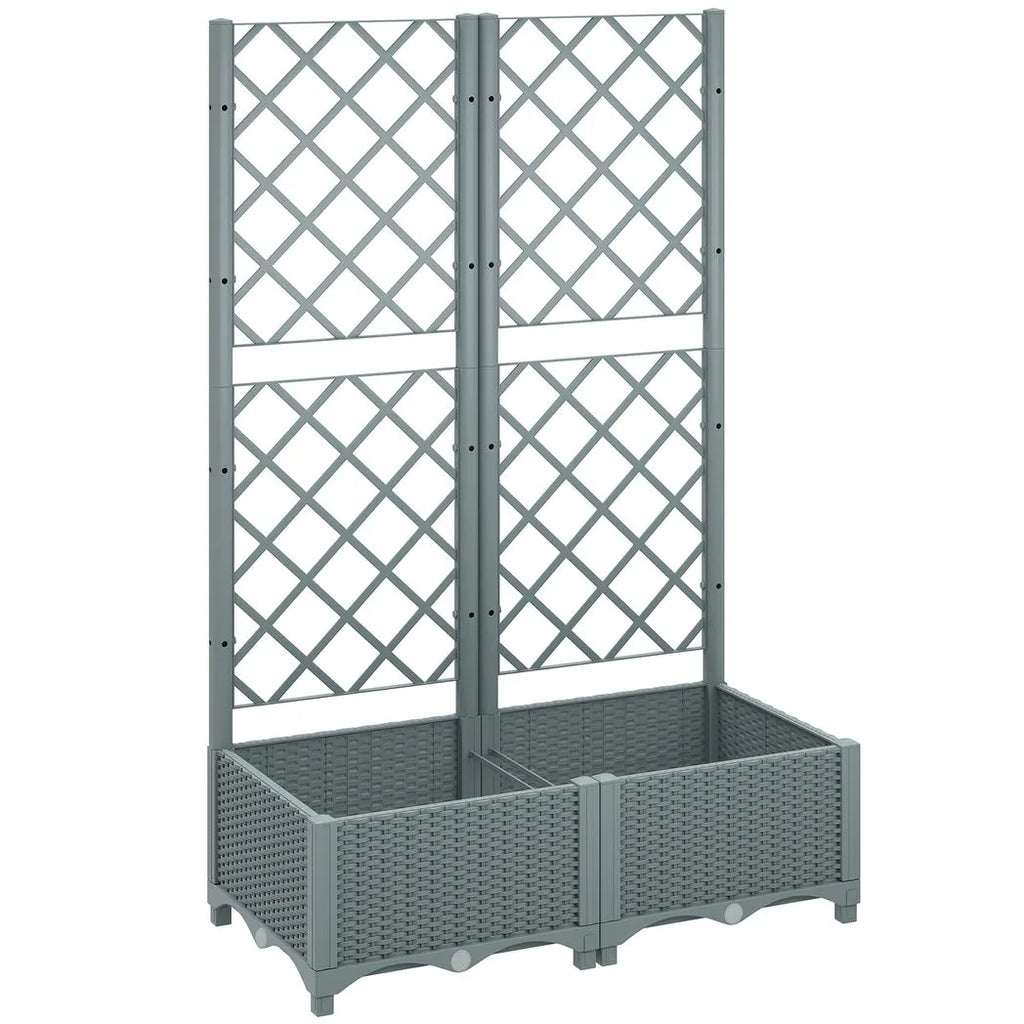 Outsunny Raised Garden Bed with Trellis, Plastic Planter Box with Drainage Holes, Drain Plugs and Water Reservoirs for Climbing Plants, Vegetables, Flowers, Grey