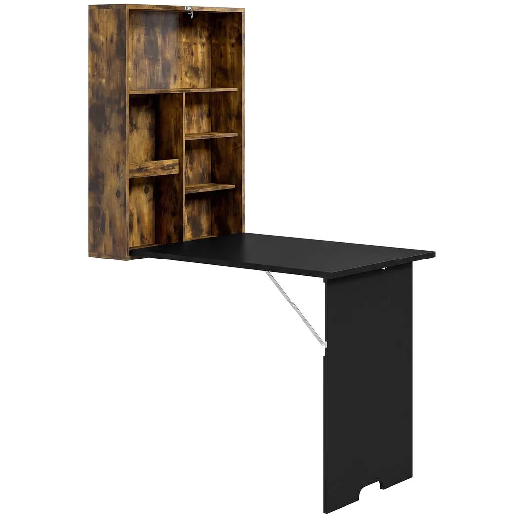 Folding Wall-Mounted Drop-Leaf Table, Convertible Wall Table With Chalkboard and Storage Shelf, Rustic Brown