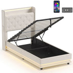 3ft Single Bed Frame with Headboard, Platform Bed Frame with Hydraulic Storage, LED Lights and Charging Station, White