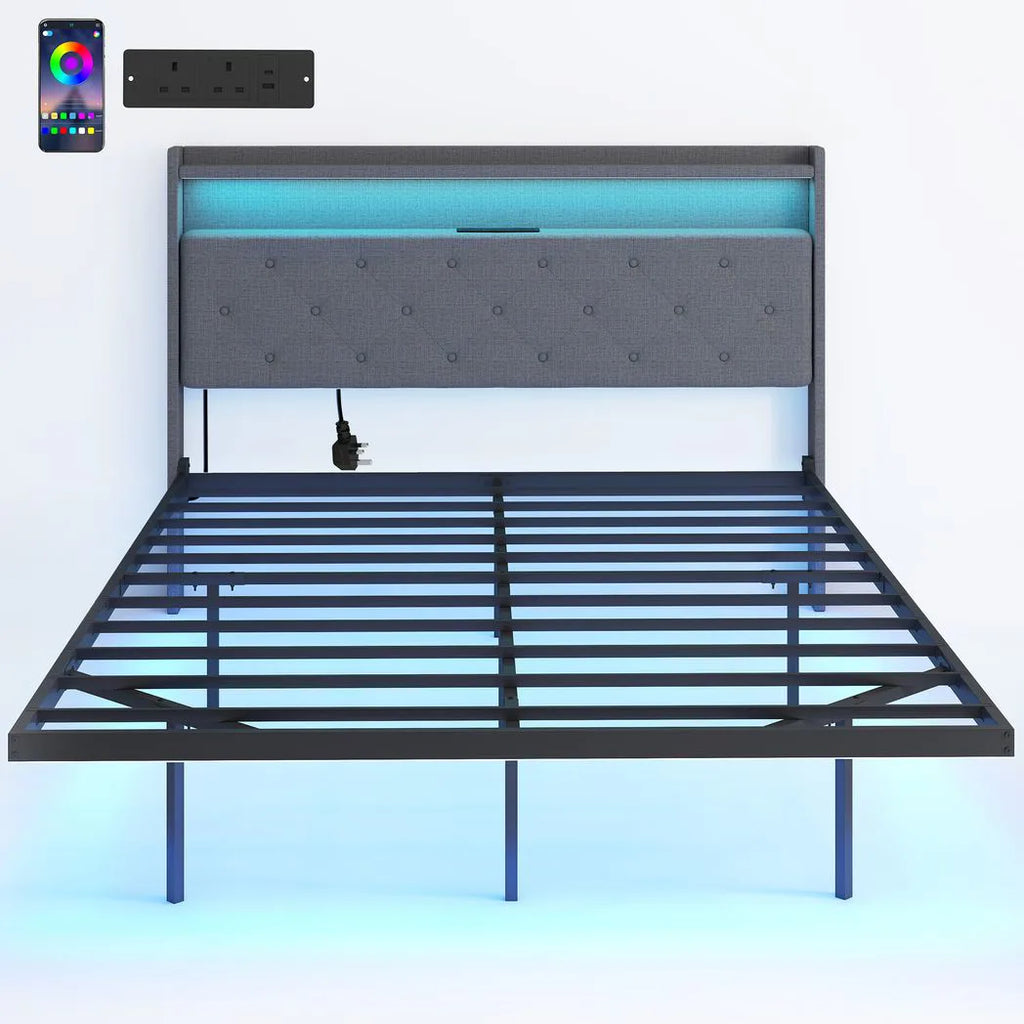 Floating Bed Frame, Upholstered 4ft6 Double Size Bed, Platform Bed with RGB LED Lights and Charging Station, Grey