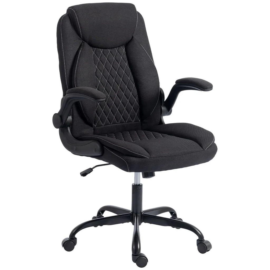 Linen-Look Computer Desk Chair, Executive Office Chair with Flip-Up Armrests and Thick Cushion, Black