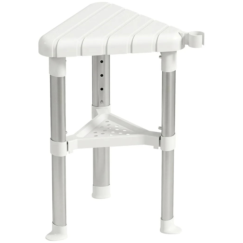 Shower Stool, Aluminium Alloy Corner Shower Chair with Storage Shelf and HDPE Seat, Adjustable Height, White