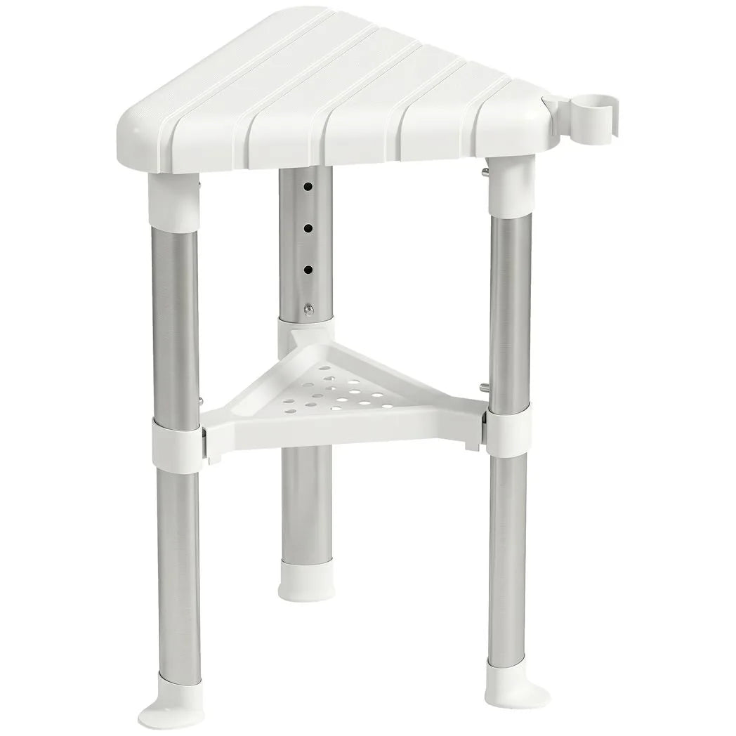 Shower Stool, Aluminium Alloy Corner Shower Chair with Storage Shelf and HDPE Seat, Adjustable Height, White