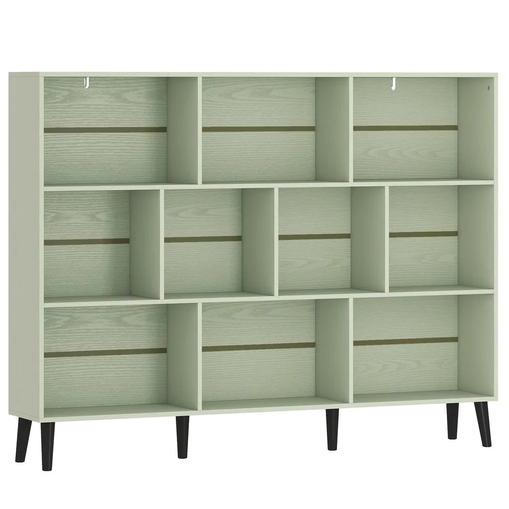 10-Cube Bookcase, 3-Tier Book Shelf with Solid Wood Legs, 140 cm Modern Bookshelf with Anti-Tip Kit, Light Green