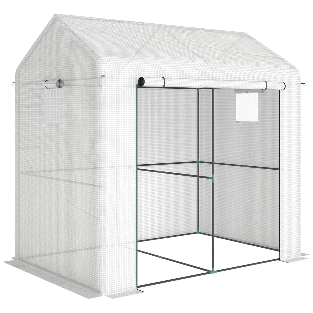 Outsunny Walk-in Greenhouse, Outdoor Tomato Greenhouse with Roll-up Door and Mesh Windows, PE Cover, 200 x 140 x 200cm, White