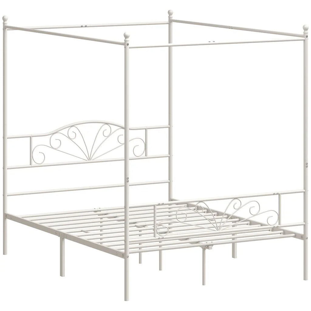 Canopy Bed Frame King Size, Metal Platform Bed Frame with Headboard and Footboard, Underbed Storage, White