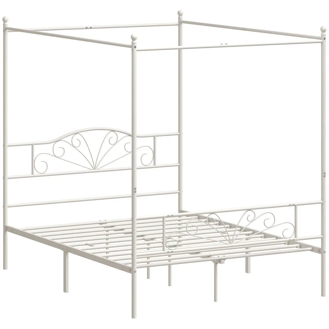 Canopy Bed Frame King Size, Metal Platform Bed Frame with Headboard and Footboard, Underbed Storage, White