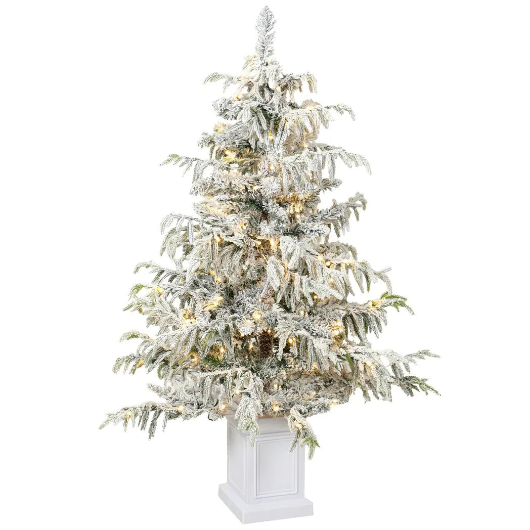 HOMCOM 4ft Prelit Flocked Christmas Tree, Artificial Snow Flocked Spruce with 160 Warm White LED Lights, 8 Modes, Green