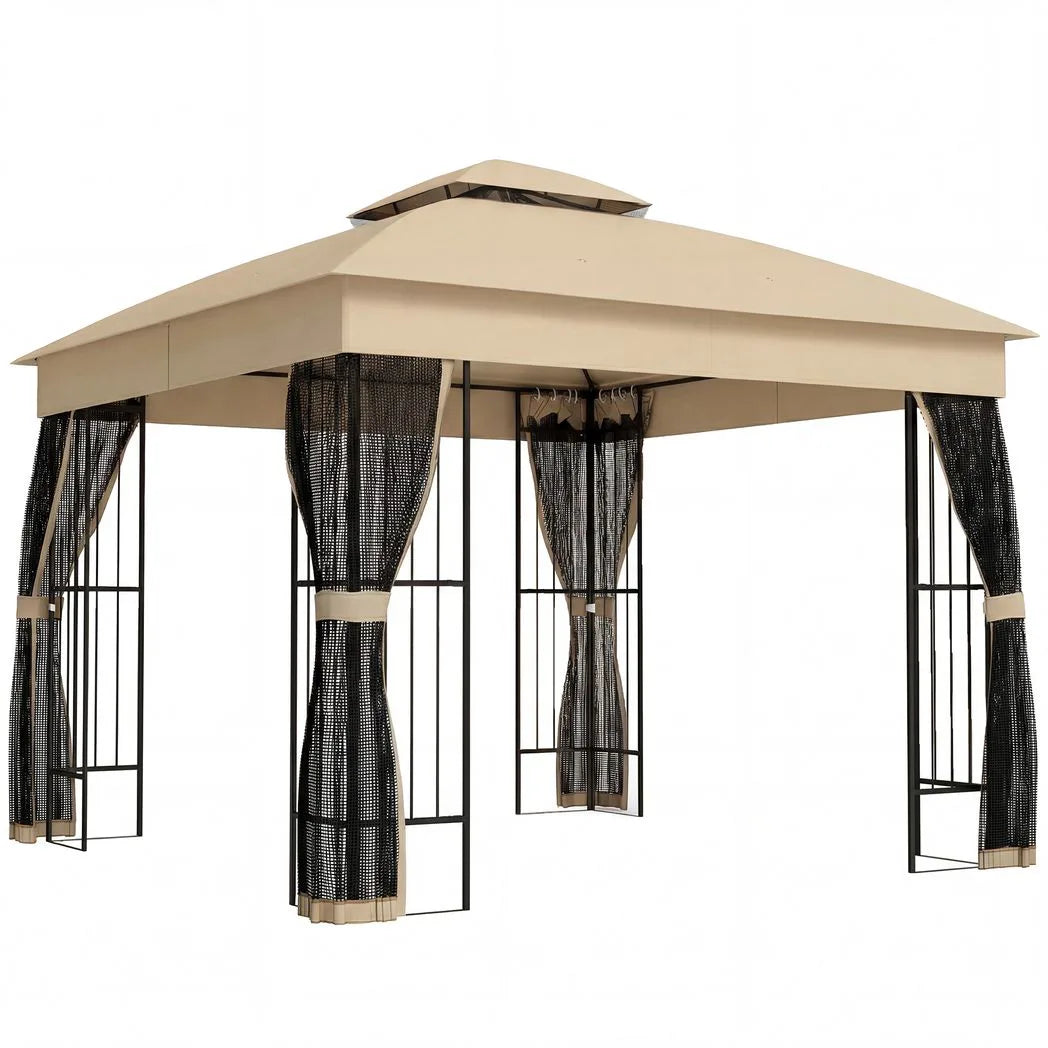 Outsunny 3 x 3 m Outdoor Garden Gazebo with Post Shelves, UPF50 Double Roof Patio Permanent Pavilion, Brown