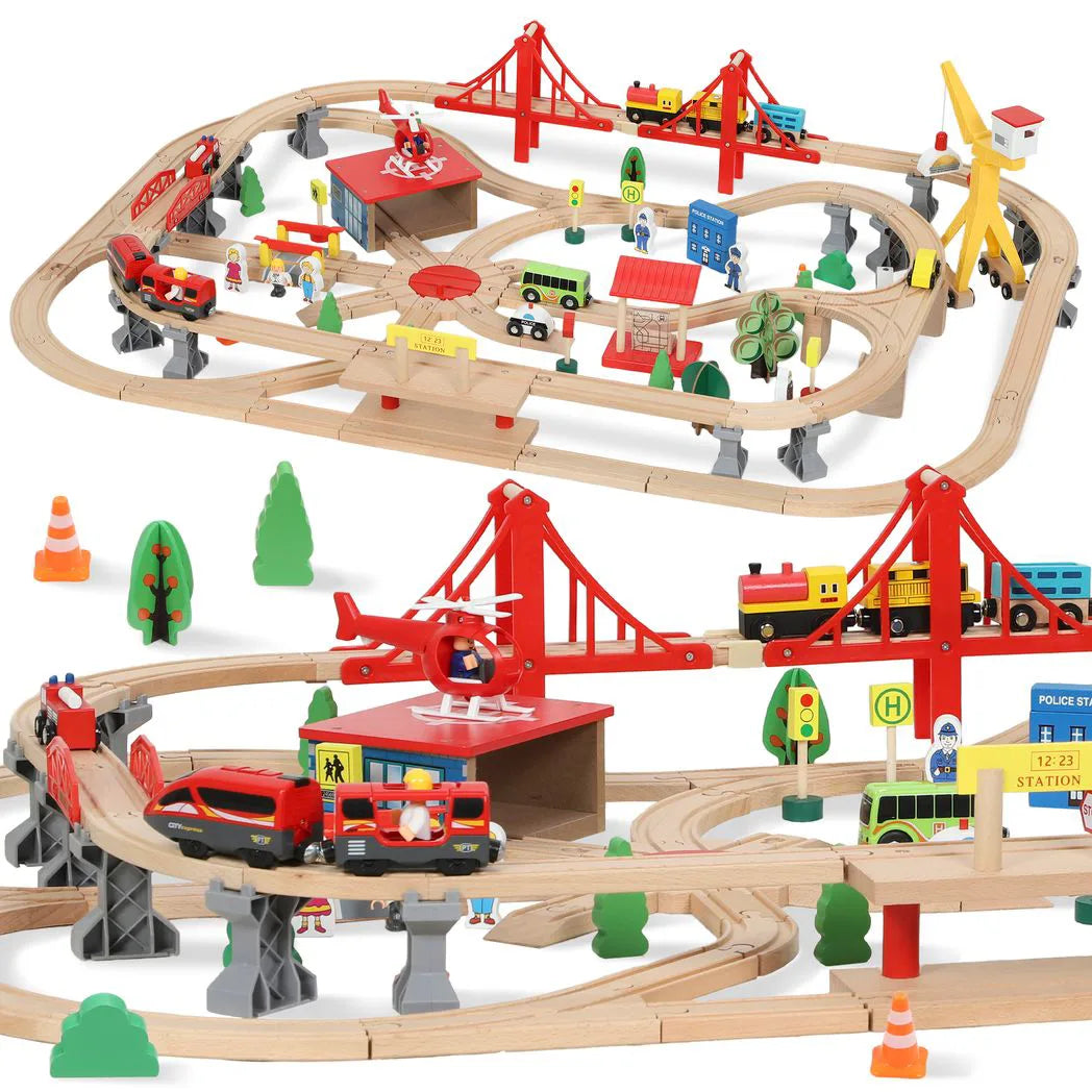 AIYAPLAY 133-Piece Wooden Train Set, Toy Train with Crane, Storage Box, for Kids Ages 3