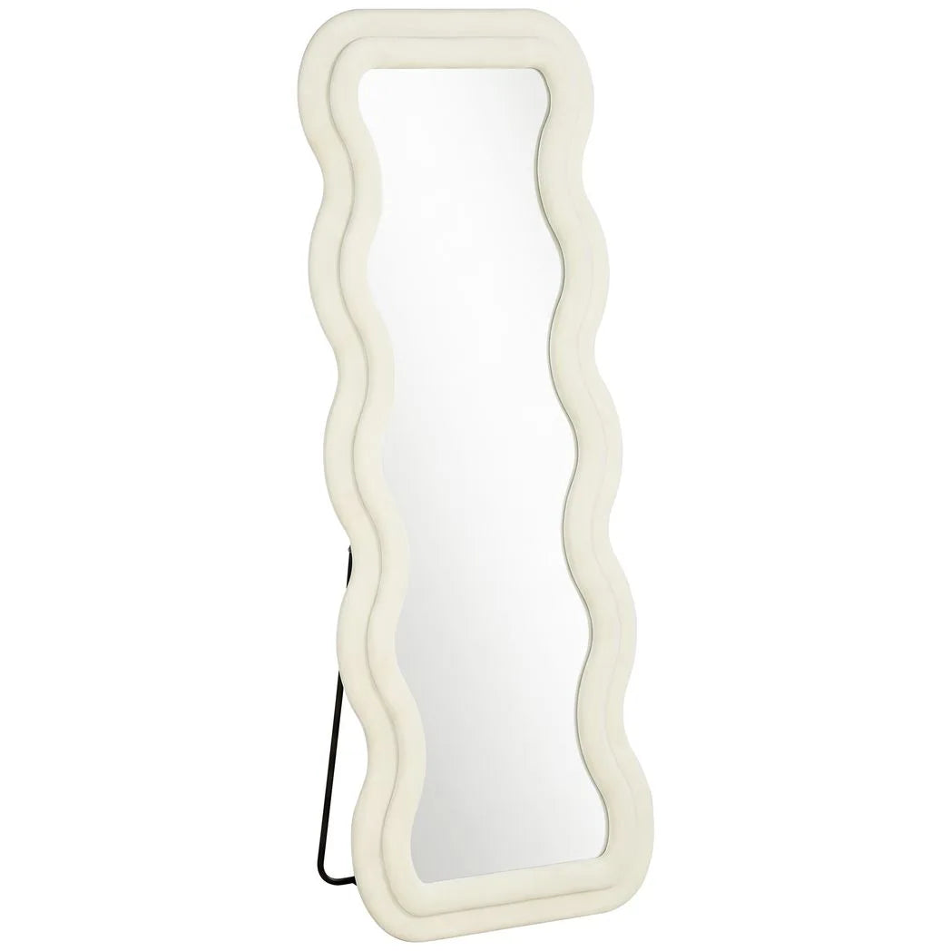 Full Length Mirror, 160 x 60 cm Wavy Full Body Wall Standing Mirror with Velvet Frame and Tempered Glass, Cream White