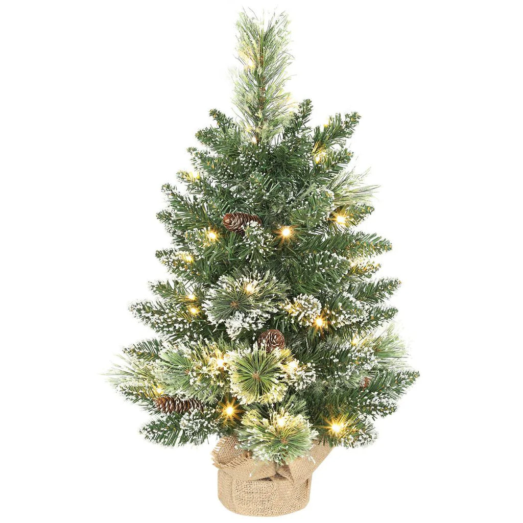 60 cm Prelit Small Christmas Tree, Snow Flocked Tabletop Mini Xmas Tree with 35 LED Lights, Pine Cones and Linen Cover Base, Battery Operated, Green