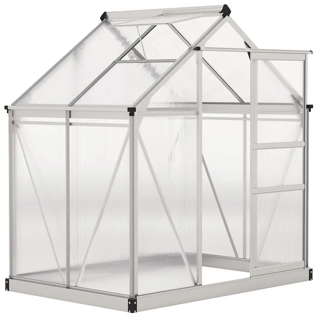 Outsunny Polycarbonate Greenhouse, Large Walk-In Green House with Slide Door and Window, Aluminium Frame, 6x4ft, Silver Tone