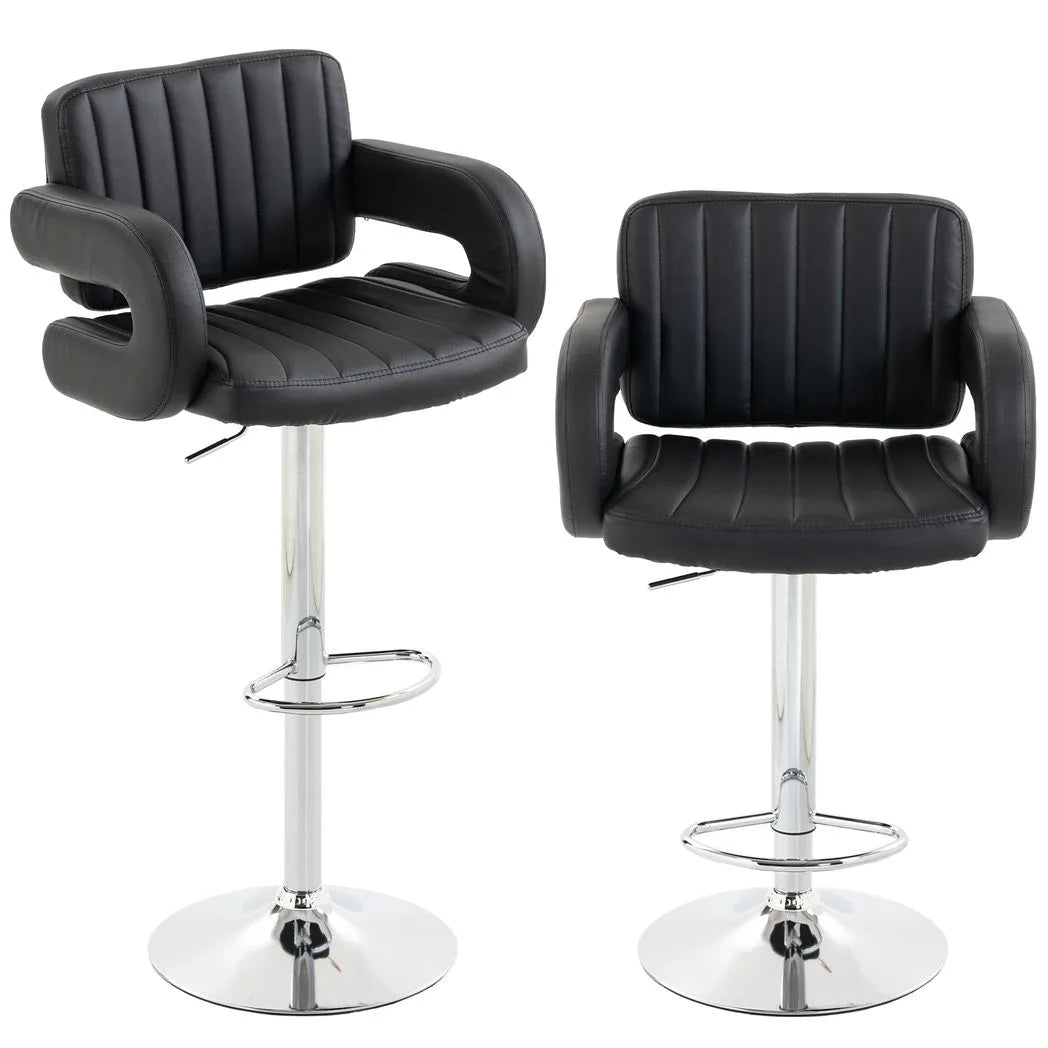 Bar Stools Adjustable Swivel Kitchen Chairs with Backrest Armrest Set of 2 PU Leather Black