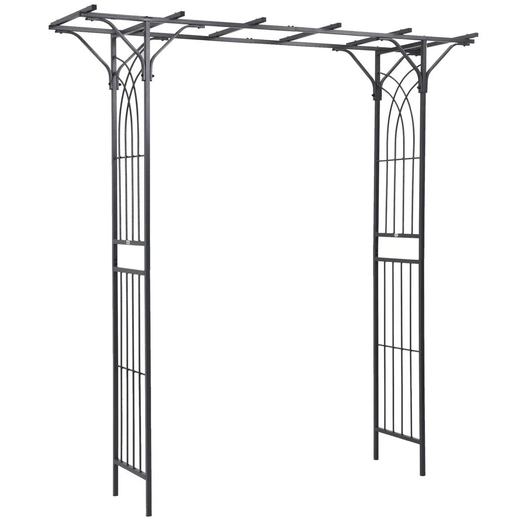 Outsunny 210cm Decorative Metal Garden Trellis Arch with Durable Steel Tubing & Elegant Scrollwork, Great for Weddings, Dark Gre