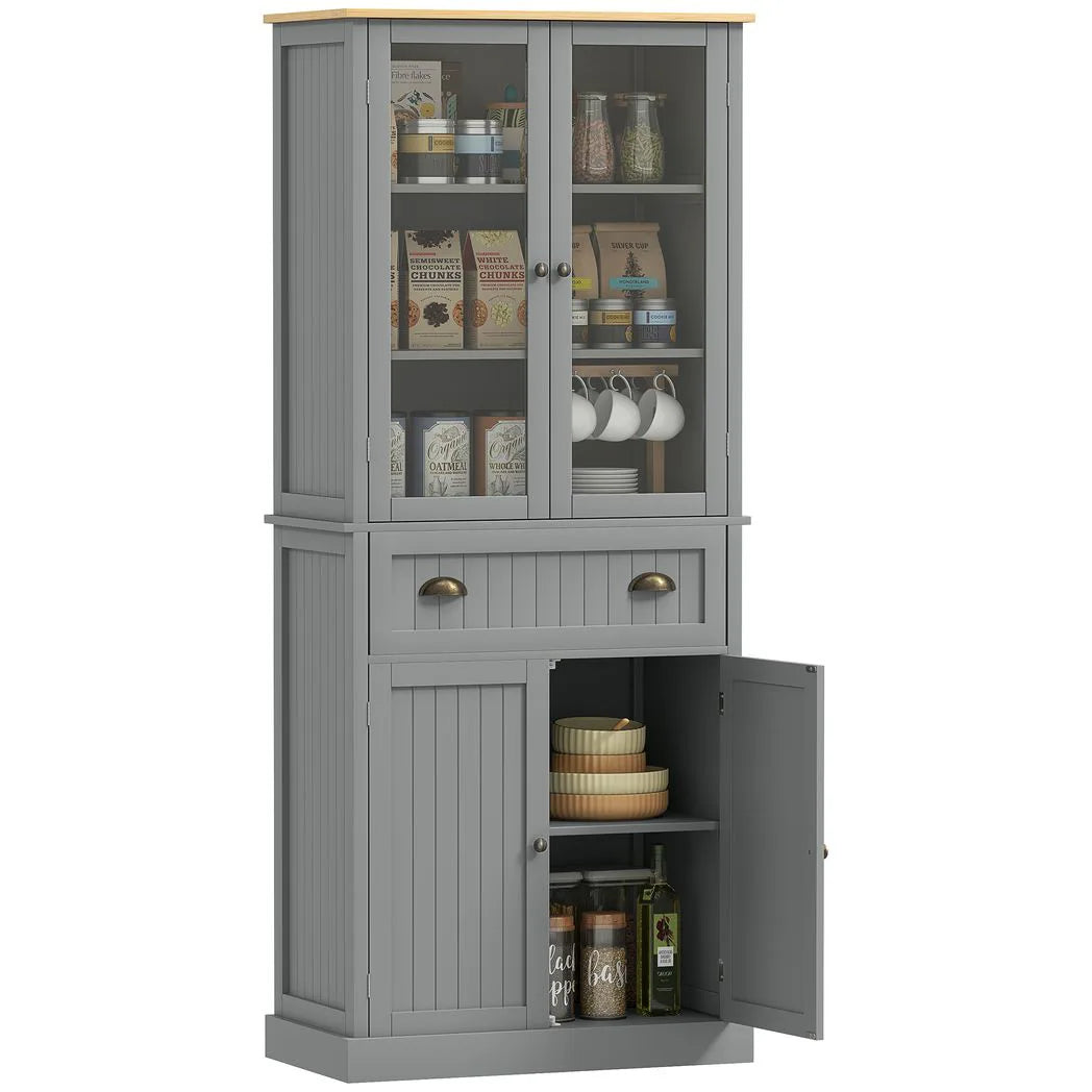 180cm Tall Kitchen Pantry Cupboard, Freestanding Storage Cabinet with 5 Tier, Adjustable Shelves, Drawer, Grey