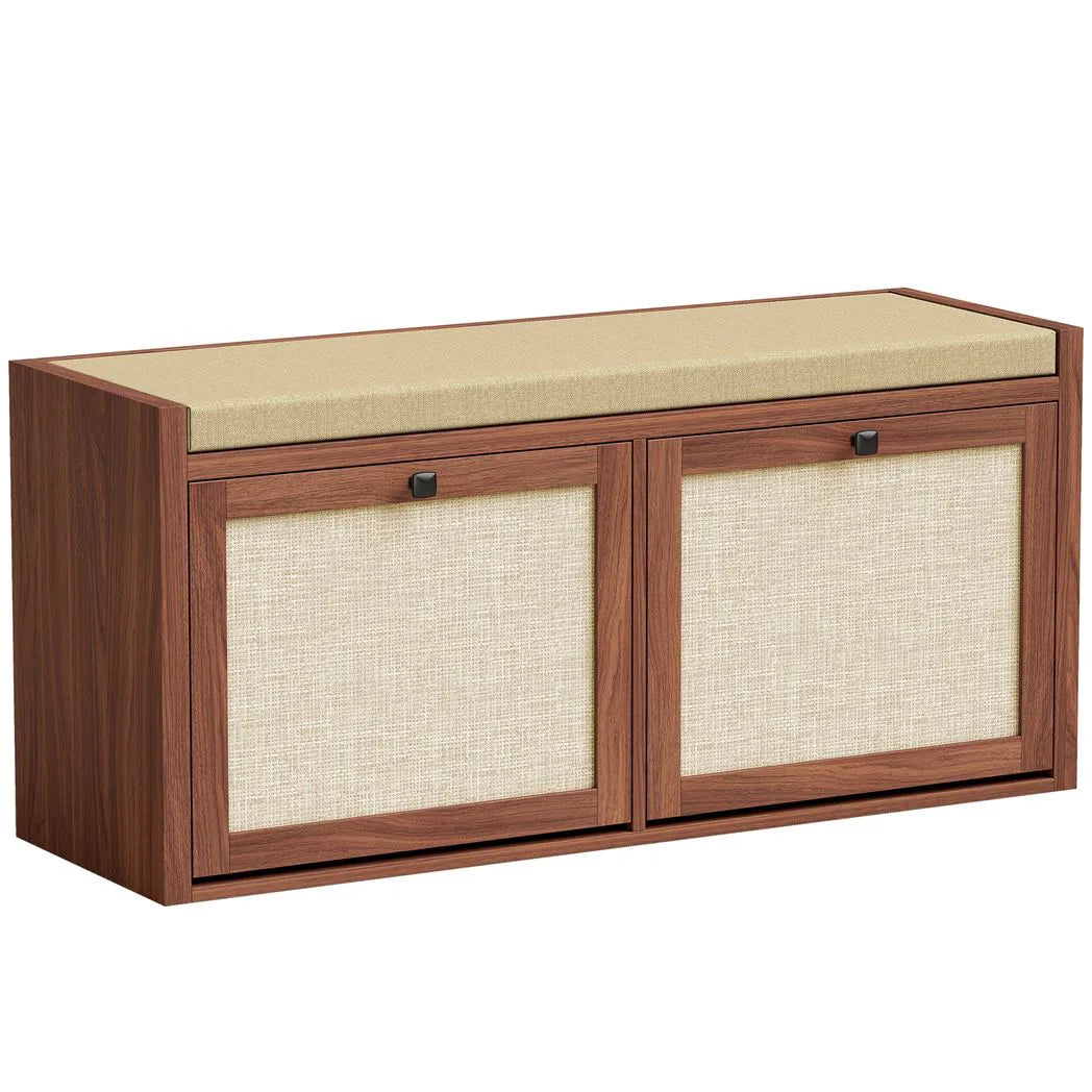 Rattan Shoe Bench with Padded Cushion and 2 Cabinets for Hidden Storage, Brown