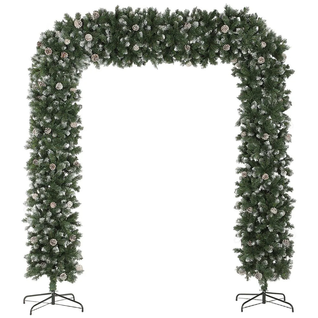 8.2 ft Snow Frosted Christmas Tree Arch, Christmas Arch Doorway Decor with 2100 Tips and 96 Pinecones, Artificial Xmas Tree with Metal Stand for Indoor, Green