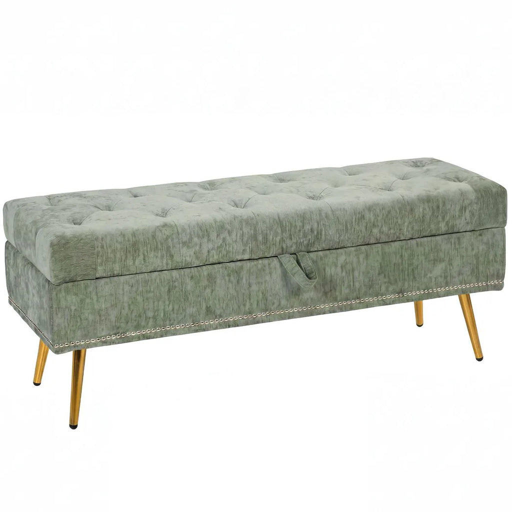 Storage Ottoman, Chenille Upholstered Ottoman Storage Box with Padded Seat, Metal Legs, 114 x 41 x 45 cm, Light Green