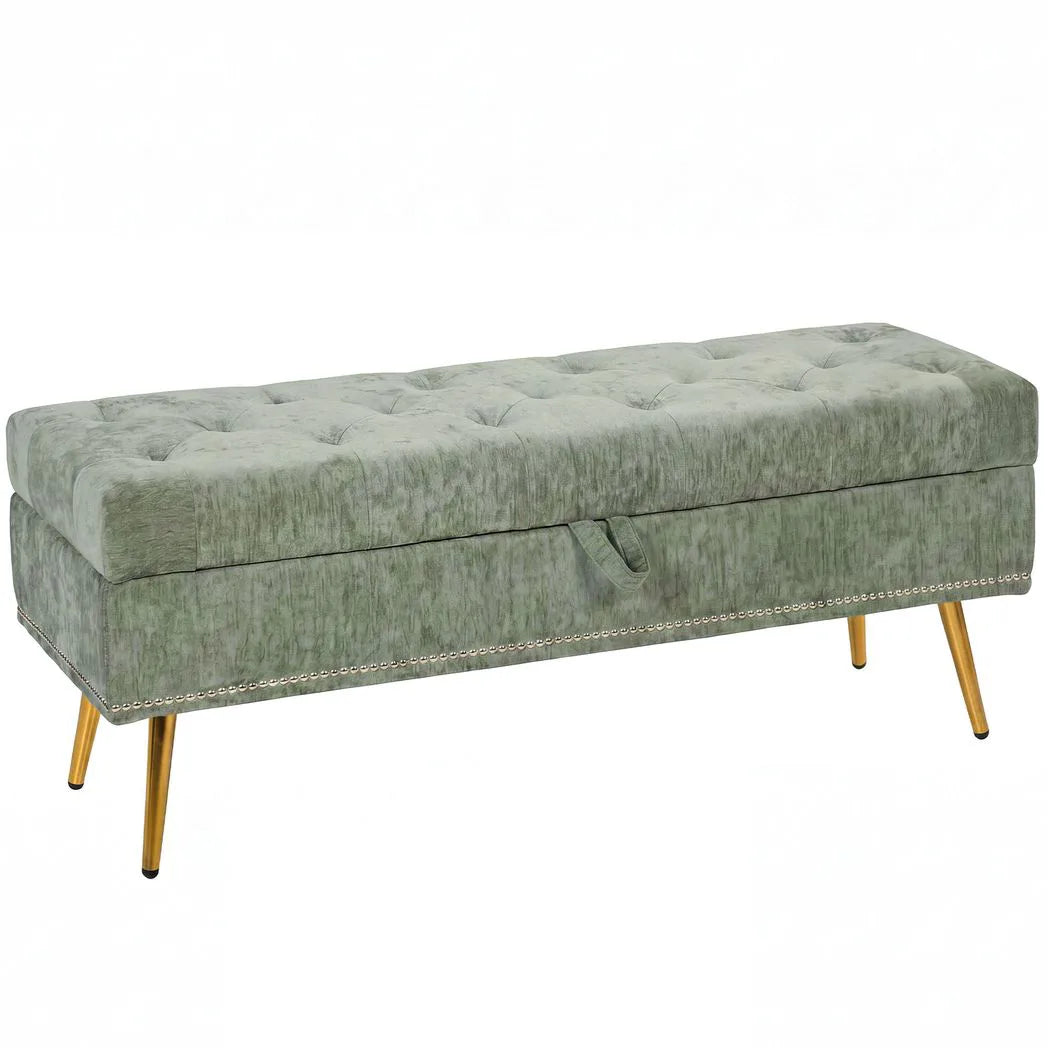 Storage Ottoman, Chenille Upholstered Ottoman Storage Box with Padded Seat, Metal Legs, 114 x 41 x 45 cm, Light Green