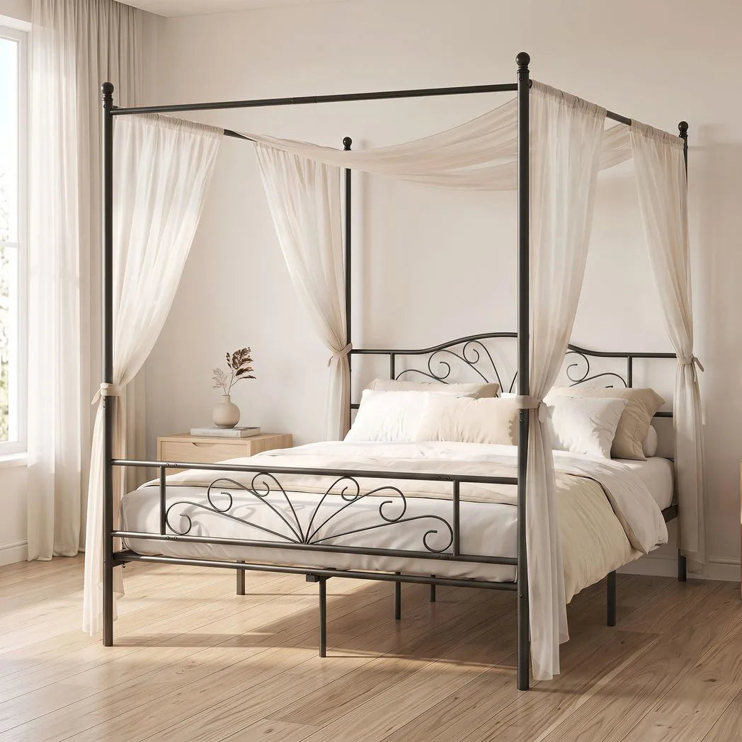 Canopy Bed Frame Double Size, Metal Platform Bed Frame with Headboard and Footboard, Underbed Storage, Black