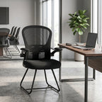 Reception Chair, Conference Meeting Office Chair with Flip-up Armrest, Mesh Backrest, Lumbar Support and Metal Base