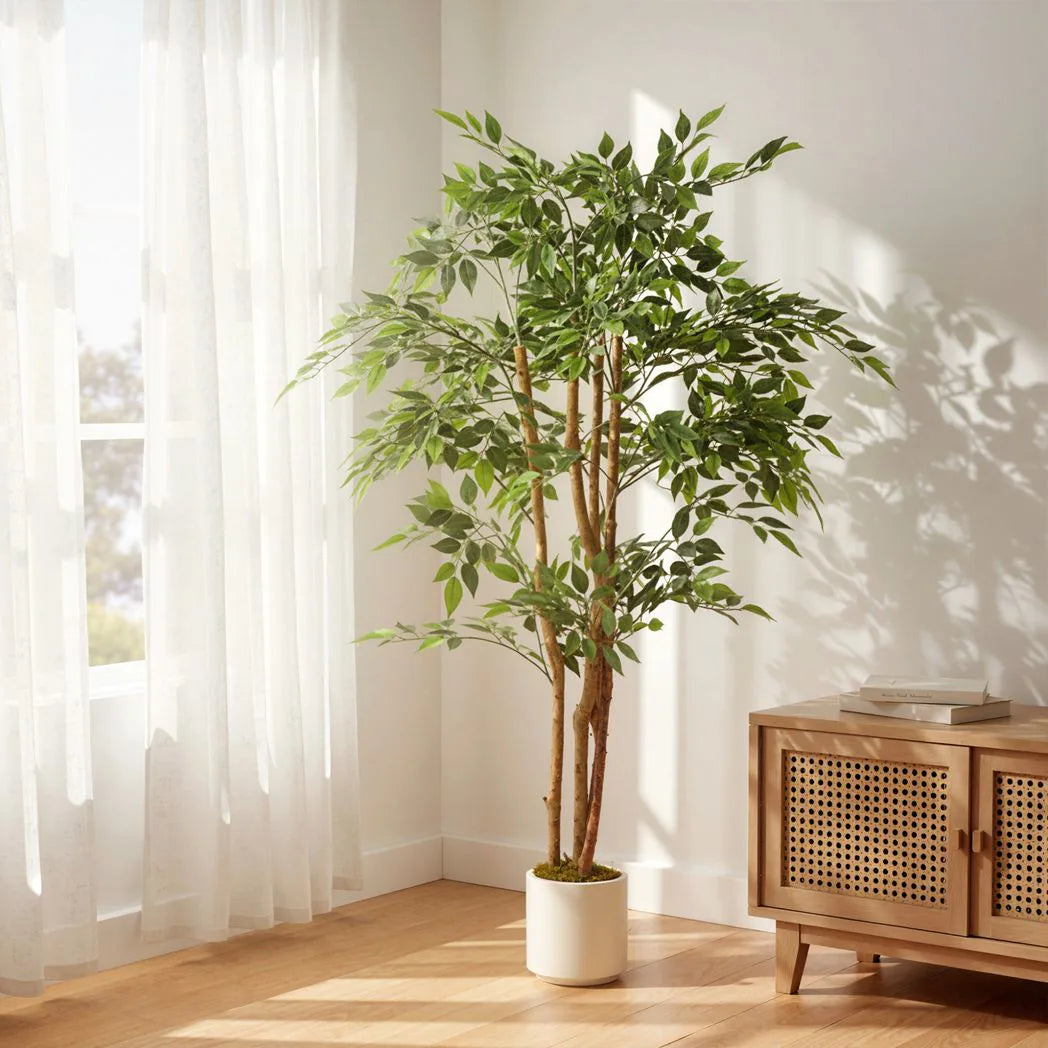 150cm Artificial Ficus Tree, Fake Potted Tree with Solid Wood Trunk and Pot for Indoor, Green