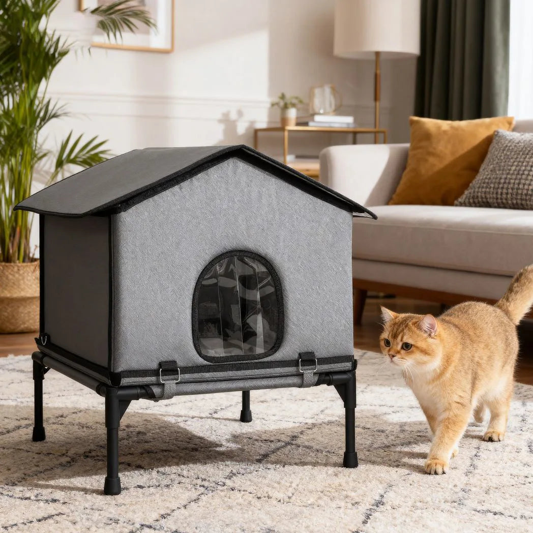PawHut Outdoor Cat House, Waterproof Insulated Cat Kennel with Elevated Base, Foldable Feral Kitty Shelter for Kittens, Grey