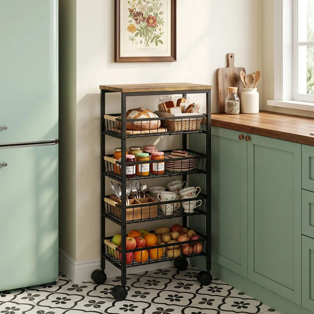 Metal Kitchen Trolley, 4-Tier Storage Trolley with Pull-Out Baskets and 4 Swivel Casters for Kitchen, Rustic Brown