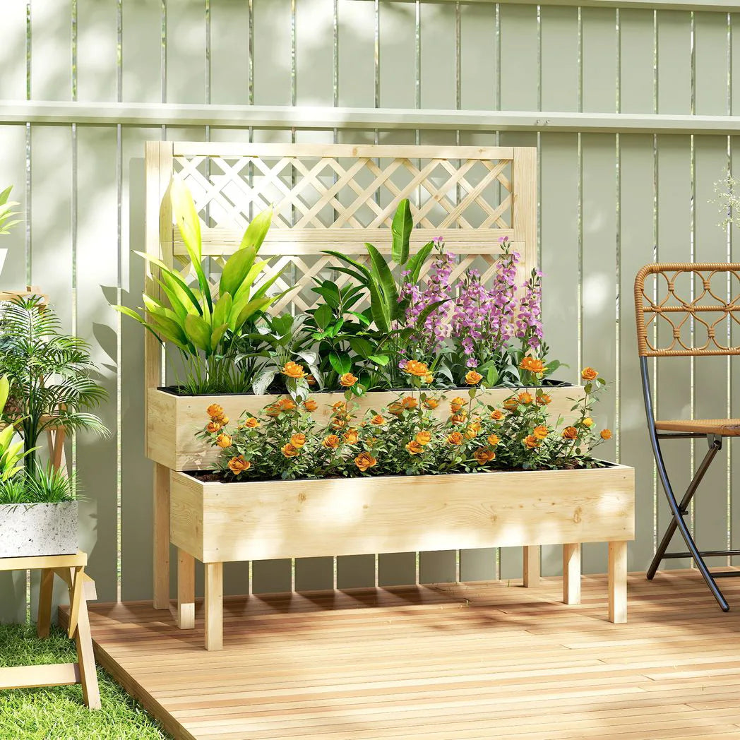 Outsunny Raised Garden Bed 2-Tier Stepped Design Planter Box with Trellis for Climbing Plants 108x62x120 cm