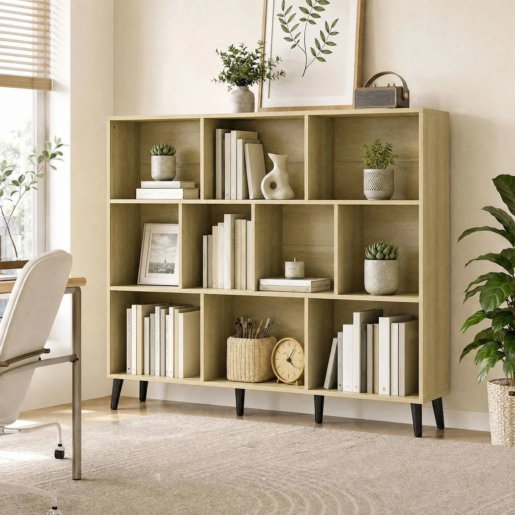10-Cube Bookcase, 3-Tier Book Shelf with Solid Wood Legs, 140 cm Modern Bookshelf with Anti-Tip Kit, Oak