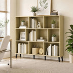 10-Cube Bookcase, 3-Tier Book Shelf with Solid Wood Legs, 140 cm Modern Bookshelf with Anti-Tip Kit, Oak