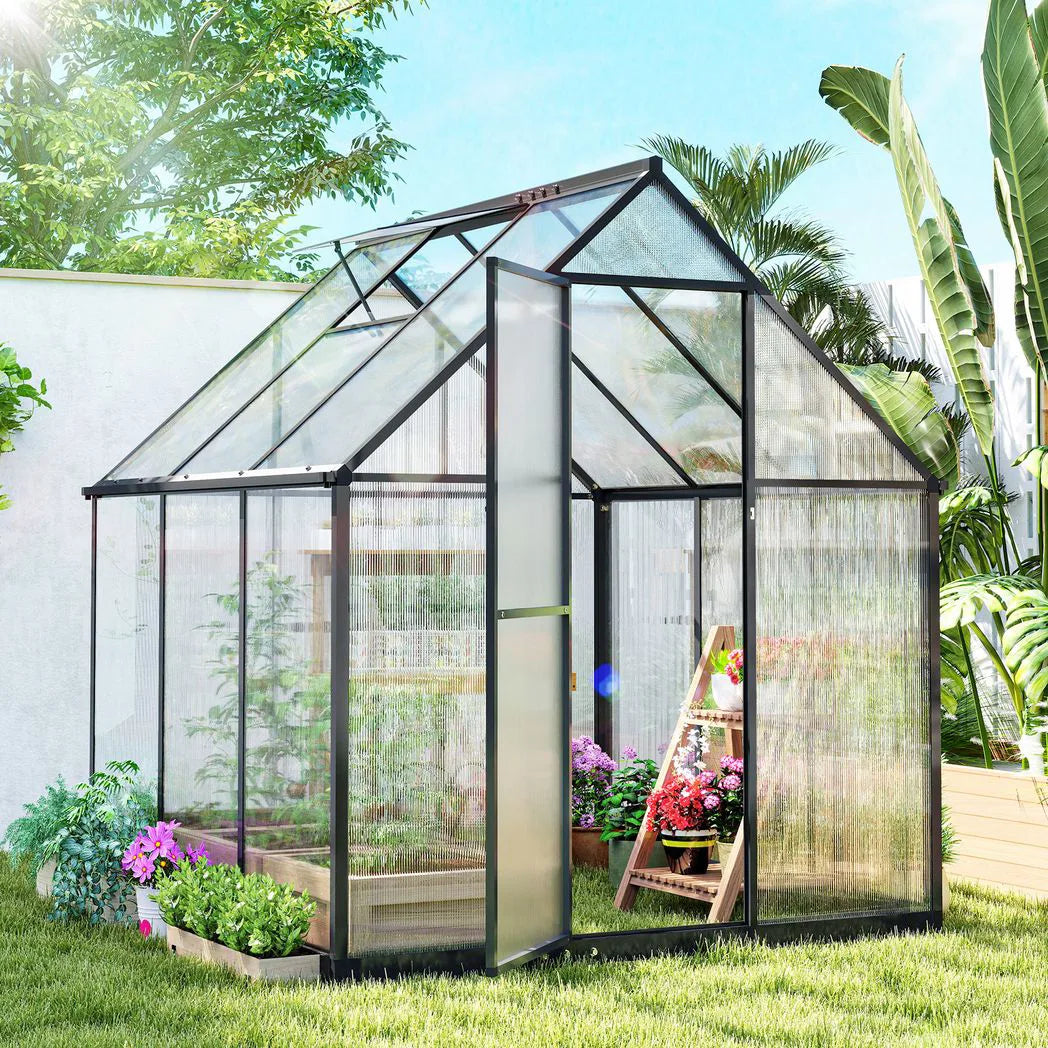 Outsunny 6 x 5.5ft Polycarbonate Greenhouse, Quick Setup Walk in Green House, Push Door, Adjustable Roof Vent, Rain Gutter, Black