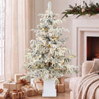 4ft Prelit Flocked Christmas Tree, Artificial Snow Flocked Spruce with 160 Warm White LED Lights, 8 Modes, Green