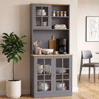 Kitchen Pantry, Buffet Hutch with 3 Storage Cabinets, 2 Open Shelves and Large Countertop for Kitchen, Grey