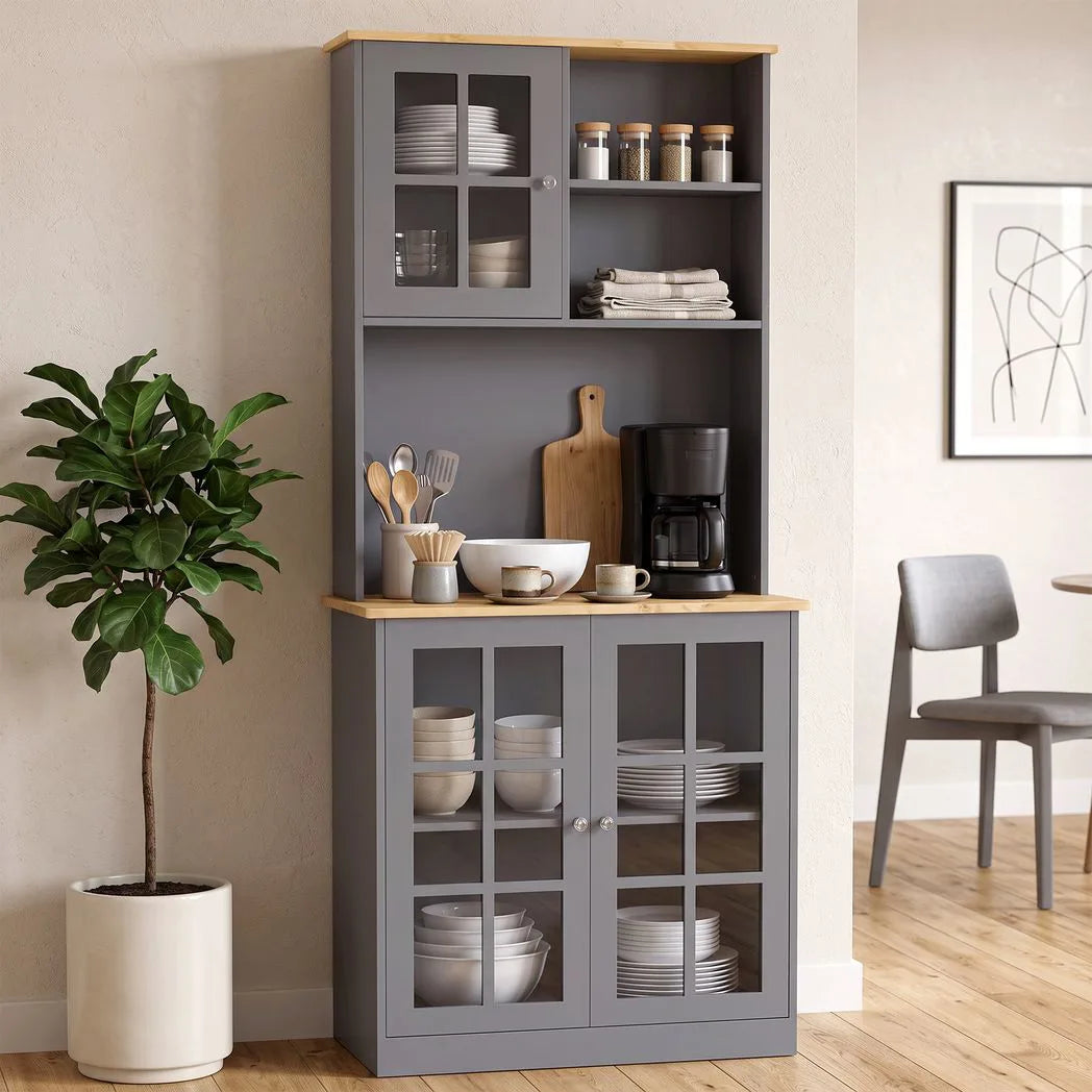 Kitchen Pantry, Buffet Hutch with 3 Storage Cabinets, 2 Open Shelves and Large Countertop for Kitchen, Grey