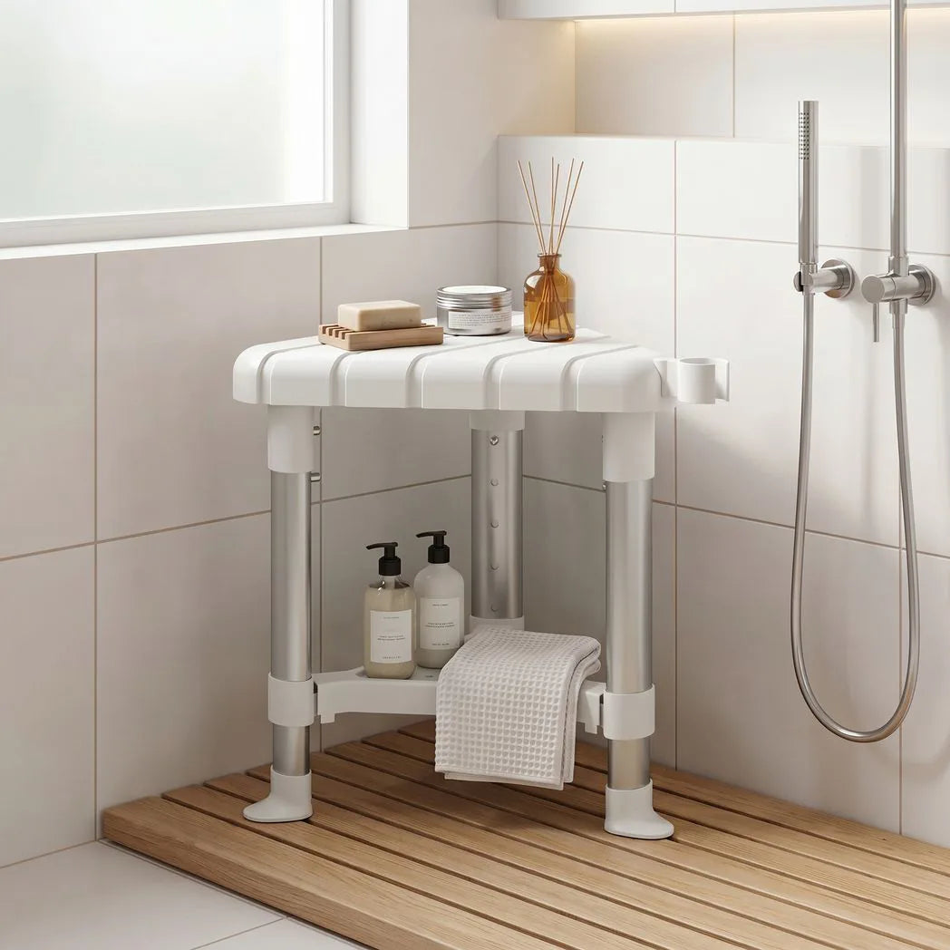 Shower Stool, Aluminium Alloy Corner Shower Chair with Storage Shelf and HDPE Seat, Adjustable Height, White