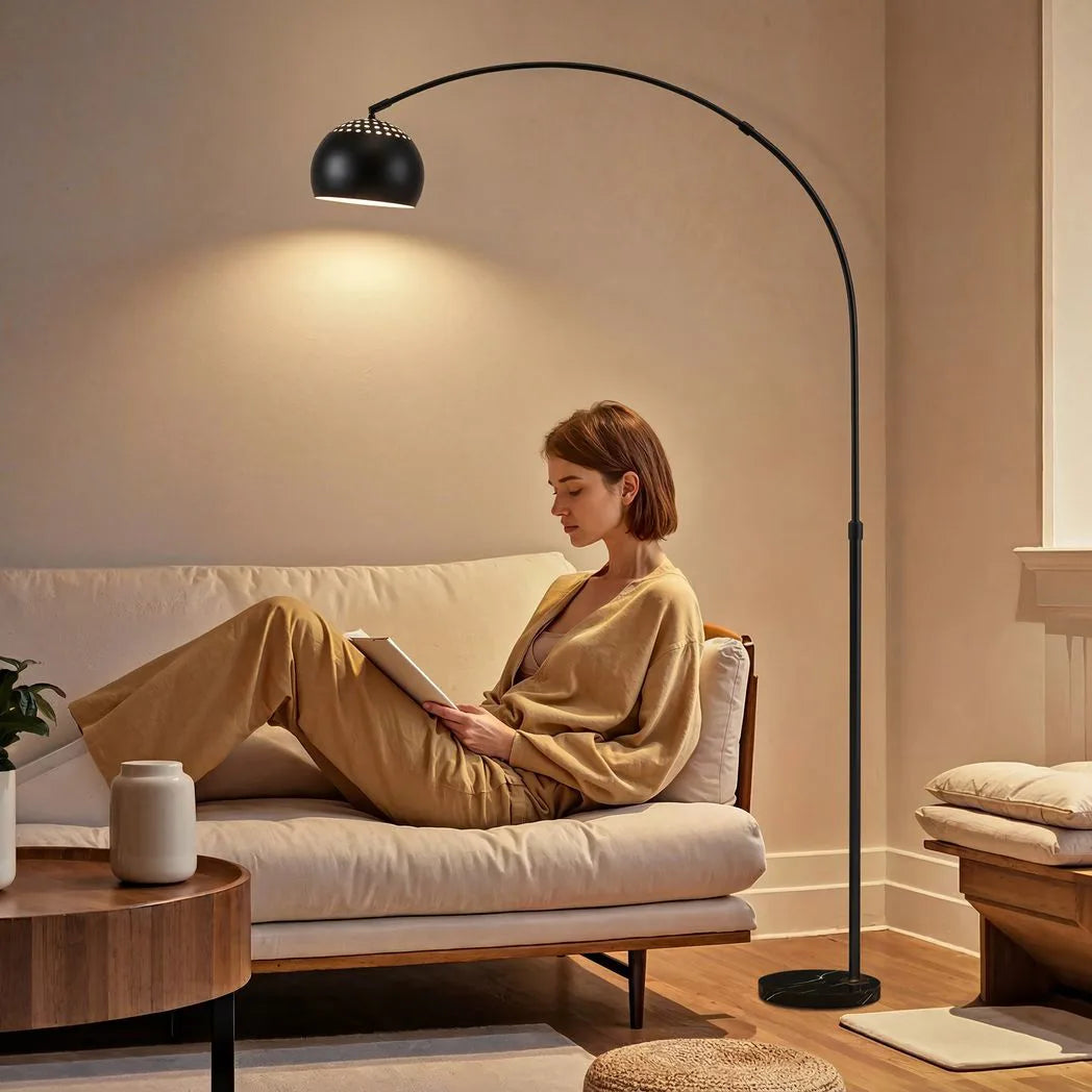 Arc Floor Lamp for Living Room, Modern Adjustable Standing Lamp with Faux Black Marble Base Black