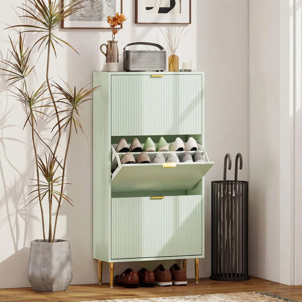 Elegant Three-Drawer Shoe Cabinet - Light Green