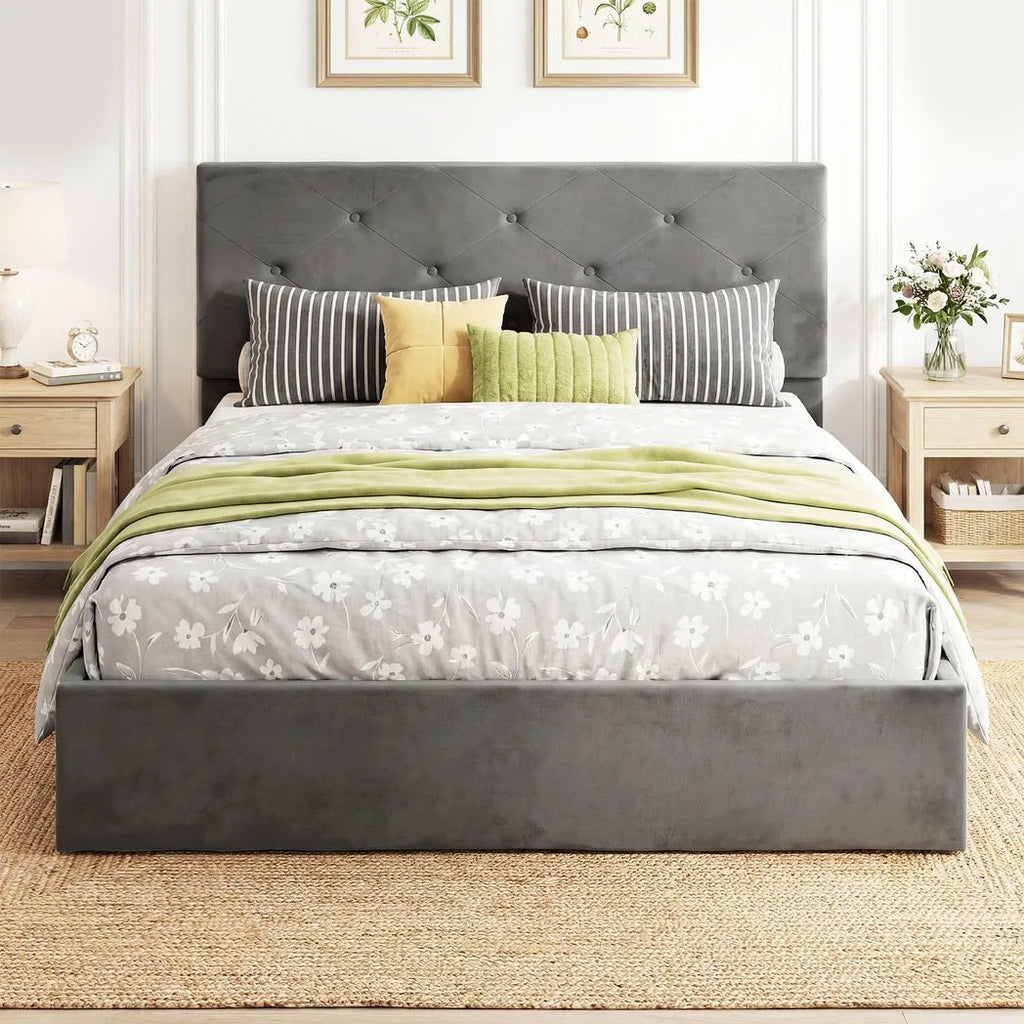 Double Bed Frame Gas End Lift Under Bed Storage Upholstered Platform Bed Tufted Headboard for 140 x 190 cm Mattress